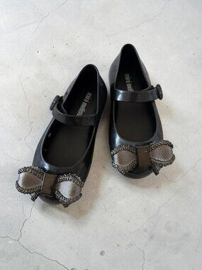 MINI MELISSA Silver Black Bow Mary Janes Flats Size 8